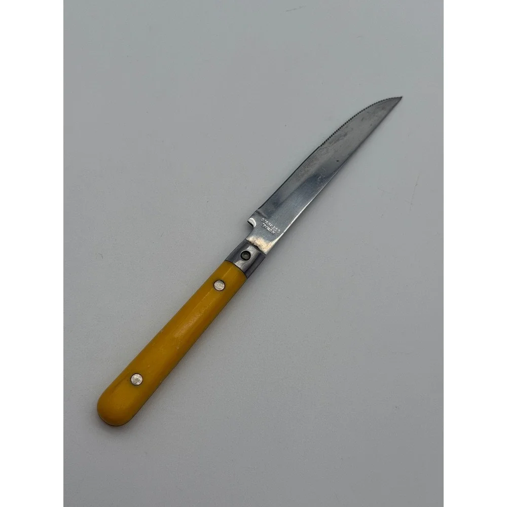 Vintage Yellow Handle Steak Knife Stainless Taiwan Serrated Retro MCM Flatware